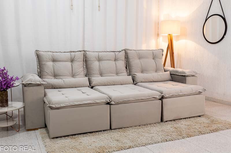 Sofá Retrátil Reclinável Grécia Veludo Bege Larg. 2.70m - Sem Caixa