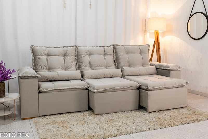 Sofá Retrátil Reclinável Grécia Veludo Bege Larg. 2.70m - Sem Caixa - Imagem 2