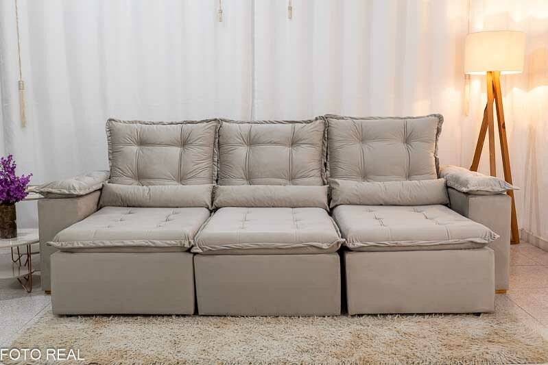 Sofá Retrátil Reclinável Grécia Veludo Bege Larg. 2.70m - Sem Caixa - Imagem 3