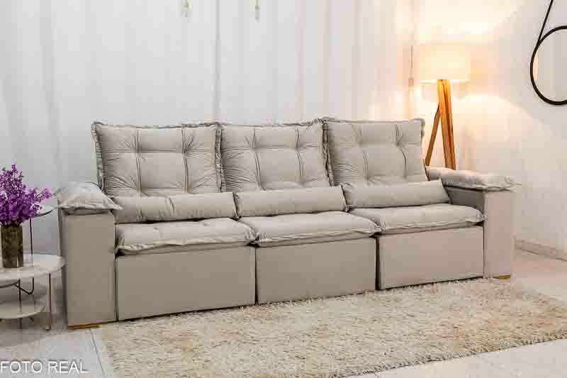 Sofá Retrátil Reclinável Grécia Veludo Bege Larg. 2.70m - Sem Caixa - Imagem 4