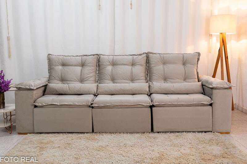 Sofá Retrátil Reclinável Grécia Veludo Bege Larg. 2.70m - Sem Caixa - Imagem 5