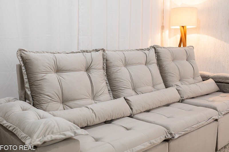 Sofá Retrátil Reclinável Grécia Veludo Bege Larg. 2.70m - Sem Caixa - Imagem 6