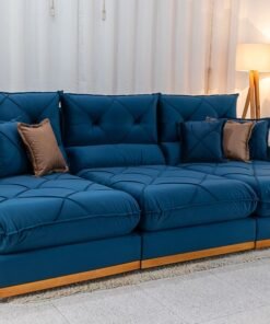 Sofá Retrátil Reclinável Gran Bello 3.20m Veludo Azul - Molas Ensacadas