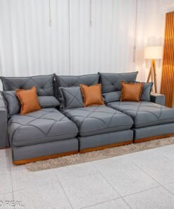 Sofá Retrátil Reclinável Gran Bello 3.20m Veludo Cinza - Molas Ensacadas