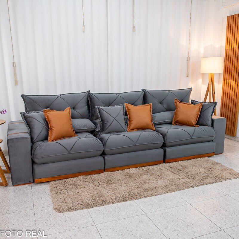 Sofá Retrátil Reclinável Gran Bello 3.20m Veludo Cinza - Molas Ensacadas - Imagem 2