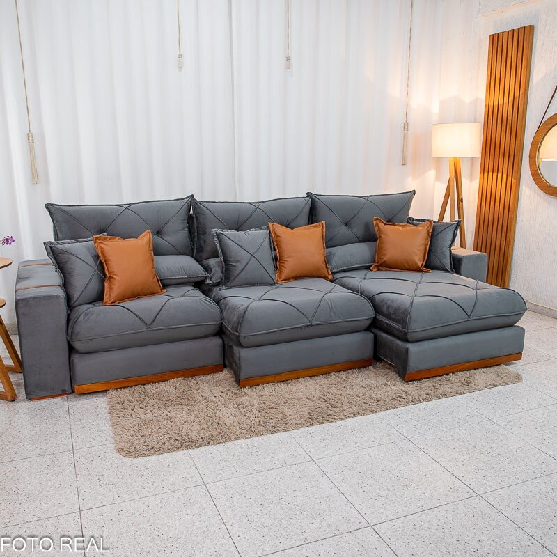 Sofá Retrátil Reclinável Gran Bello 3.20m Veludo Cinza - Molas Ensacadas - Imagem 3