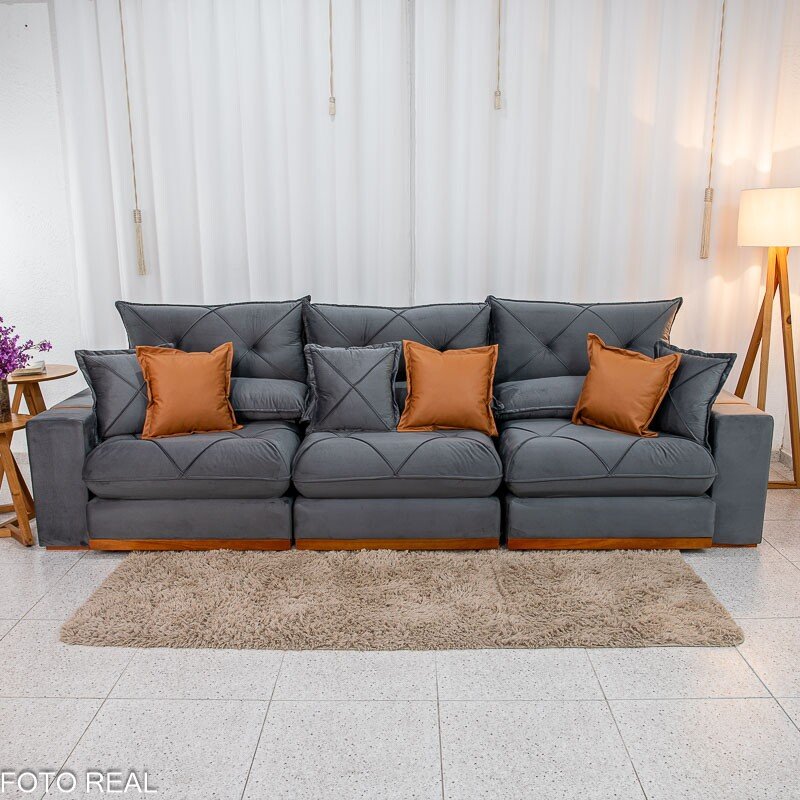 Sofá Retrátil Reclinável Gran Bello 3.20m Veludo Cinza - Molas Ensacadas - Imagem 5