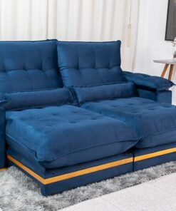 Sofá Retrátil Reclinável Ibis Veludo Azul 800 Larg. 2.30m - D33 e Molas Ensacadas