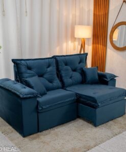 Sofá Retrátil Reclinável Porto Madri 2.00m Veludo Azul - D28 Pró Aditivada