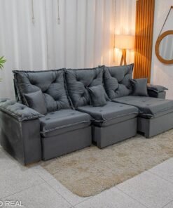 Sofá Retrátil Reclinável Porto Madri 2.70m Veludo Cinza - D28 Pró Aditivada