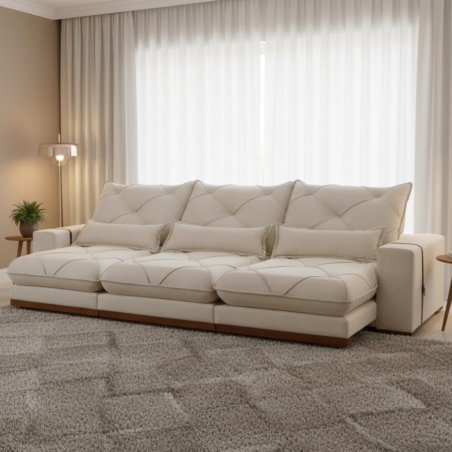 Sofa Retratil e Reclinavel Diamante/Bahia 3,50 m Veludo Bege 200 - PLENA ESTOFADOS