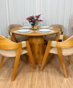 Mesa de Jantar Paris Circular 1.10x1.10 c/4 Cadeiras Ravena - Cinamomo Laminado/Bege Linho