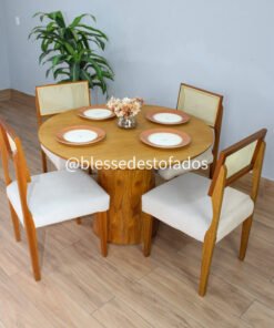 Mesa de Jantar Paris Circular 1.10x1.10 c/4 Cadeiras Grécia - Cinamomo Laminado/Bege Linho