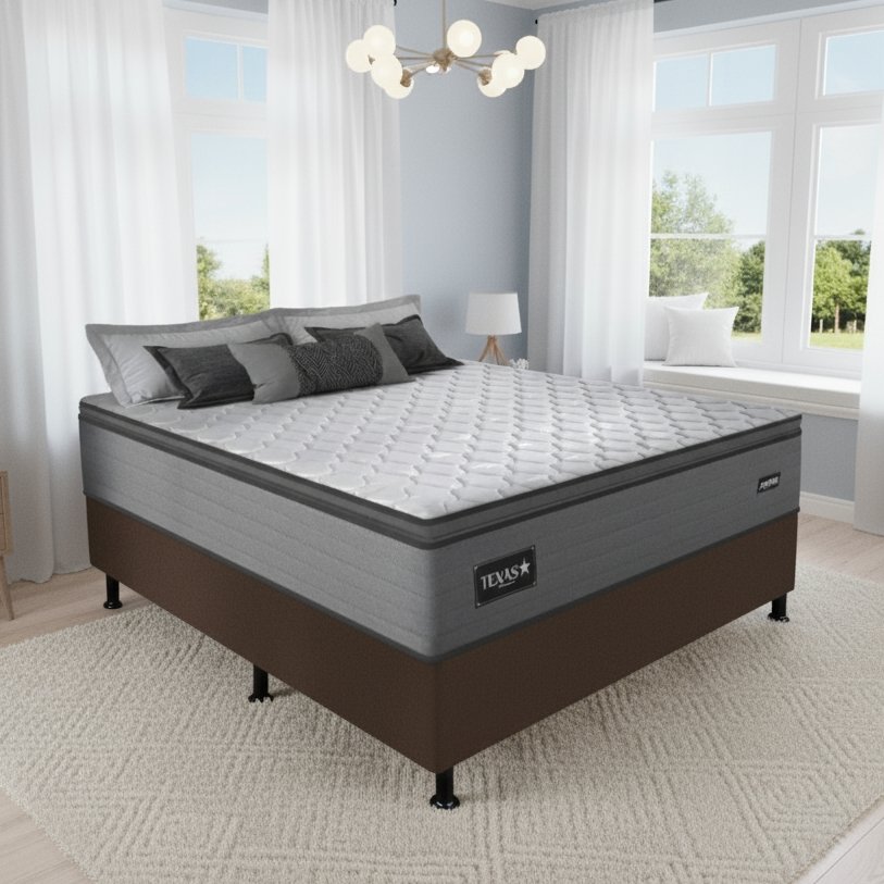 Colchão Casal Texas D28 + Base Box Simples Corino Marrom – GAZIN COLCHÕES + ALTO NÍVEL CAMAS E COLCHÕES