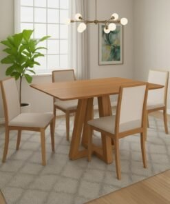 Mesa Alva ME02 120 Canela com 4 Cadeiras Lara 2CMM007CA Linho Areia – KAPPESBERG