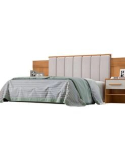 Cabeceira Queen Íris Larg. 1.60m Acolchoada Linho Bege e Detalhe Ripado Cinamomo/Off D Doro