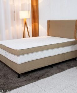 Cama Box Casal Sonho Bom Premium Ortopédica D33 138x188x62 - Nosso Sonho + Painel Cabeceira Leticia Veludo Bege | Suporta até 250kg
