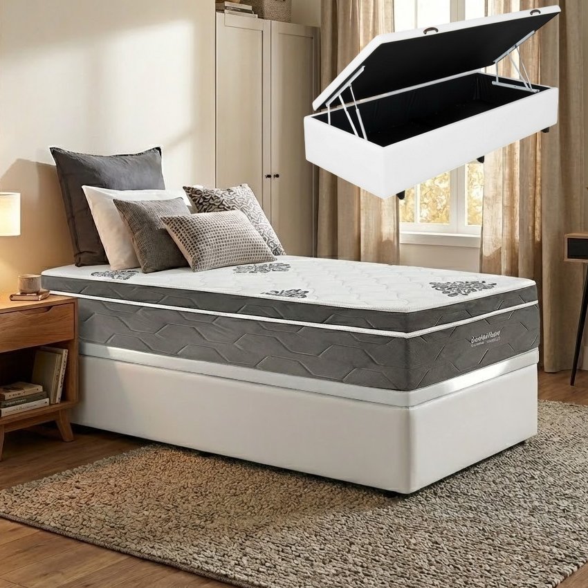 Colchão Solteiro Essential Pocket D26 + Base Box Baú Corino Branco – INOVAFLEX + BIOSTAR