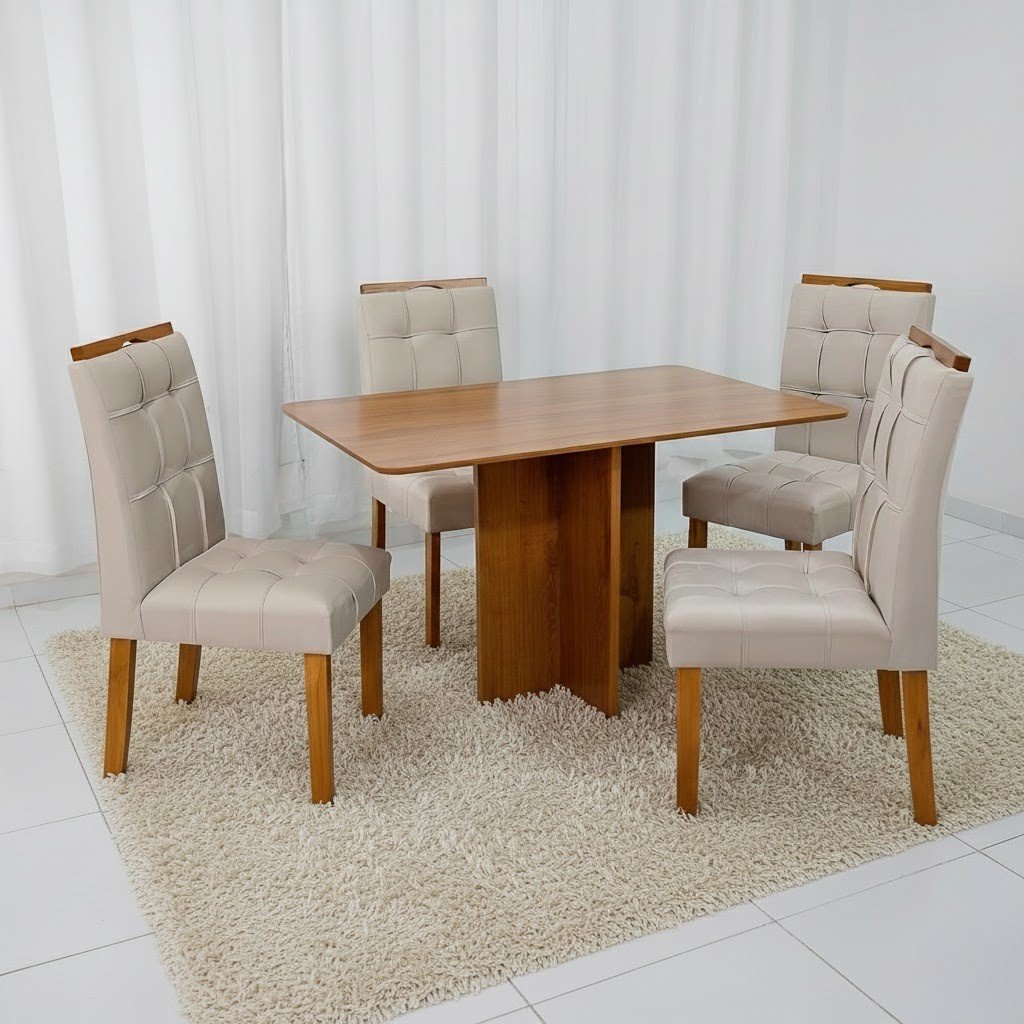 Mesa Salinas 120 (Tampo Londres s/ vidro) Cinamomo com 4 Cadeiras Sophia (Londres) Veludo Bege – CEL MÓVEIS + WM DECOR