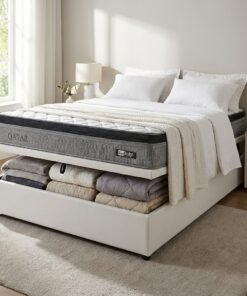 Colchão Casal Qatar D28 + Base Box Baú Corino Branco– DESIGN COLCHÕES + ALTO NÍVEL CAMAS E COLCHÕES