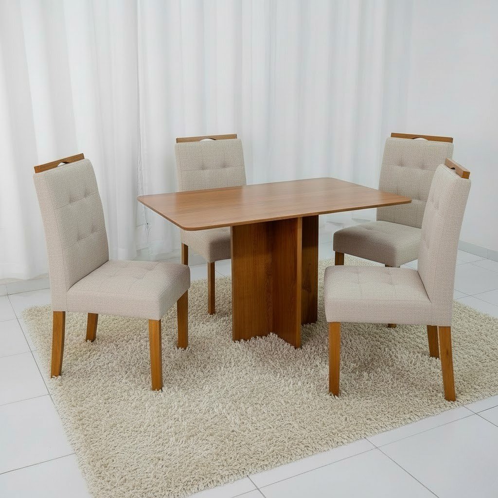 Mesa Salinas 120 (Tampo Londres s/ vidro) Cinamomo com 4 Cadeiras Sophia Linho (Londres) Bege 200 – CEL MÓVEIS + WM DECOR