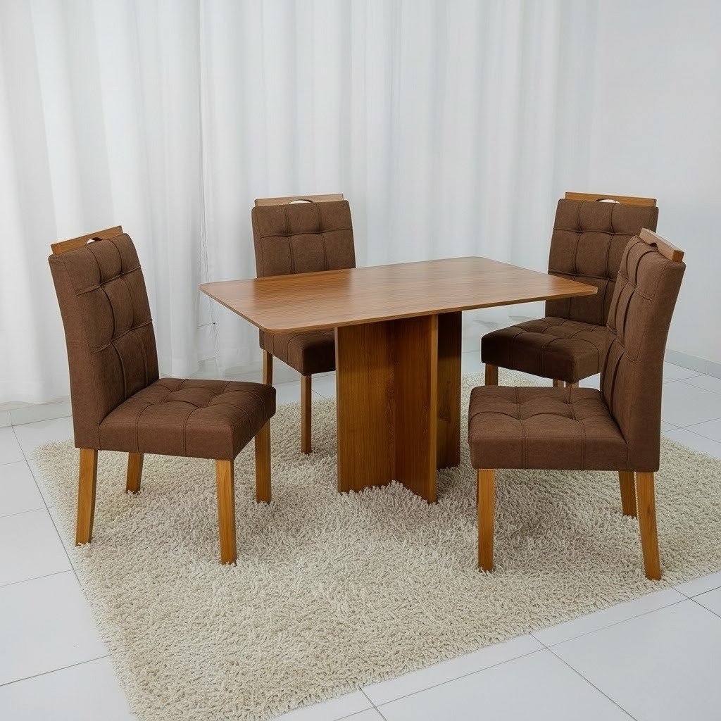 Mesa Salinas 120 (Tampo Londres s/ vidro) Cinamomo com 4 Cadeiras Sophia (Londres) Veludo Marrom – CEL MÓVEIS + WM DECOR