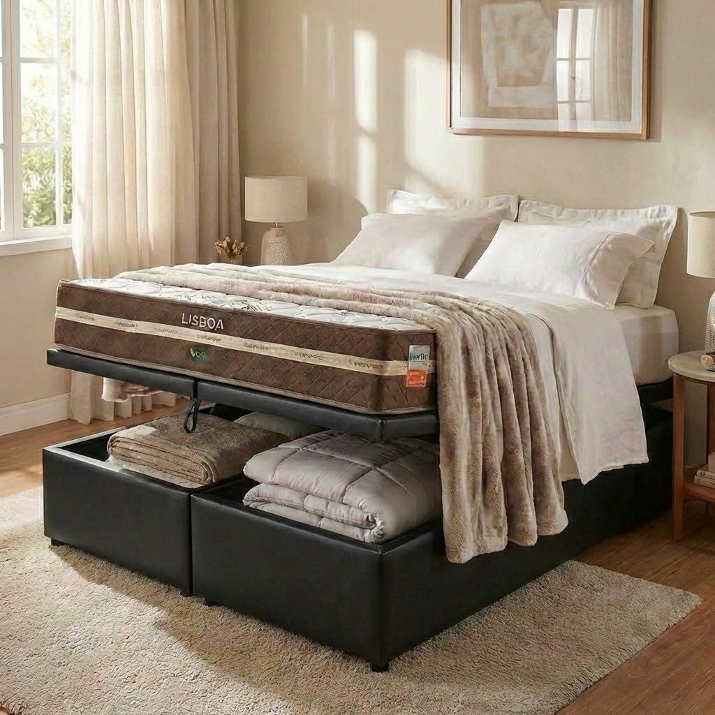 Colchão Queen Lisboa D28 + Base Box Baú Corino Preto – ECOTEC + ALTO NÍVEL CAMAS E COLCHÕES