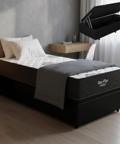 Colchão Solteiro Star Plus D26 + Base Box Baú Corino Preto – INOVAFLEX + ALTO NÍVEL CAMAS E COLCHÕES