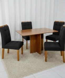 Mesa Salinas 120 (Tampo Londres s/ vidro) Cinamomo com 4 Cadeiras Sophia (Londres) Veludo Preto – CEL MÓVEIS + WM DECOR