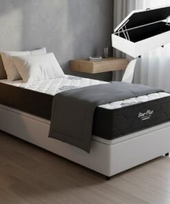Colchão Solteiro Star Plus D26 + Base Box Baú Corino Branco – INOVAFLEX + BIOSTAR