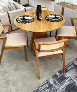 Mesa Isis Sem Vidro Redonda 100cm New Ceval + 4 Cadeiras Zeus Canela/Linho Bege – SALA VIP MOVELARIA