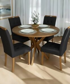 Mesa Redonda Simpatia 108 Cinamomo com 4 Cadeiras Sophia Veludo Preto – JCM MOVELARIA + WM DECOR