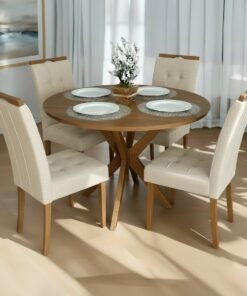 Mesa Redonda Simpatia 108 Cinamomo com 4 Cadeiras Sophia Linho Bege 200 – JCM MOVELARIA + WM DECOR