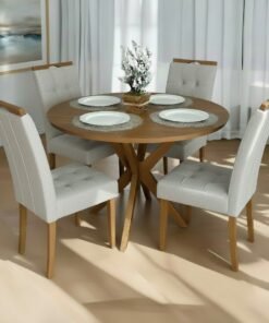 Mesa Redonda Simpatia 108 Cinamomo com 4 Cadeiras Sophia Linho Cinza Prata 206 – JCM MOVELARIA + WM DECOR