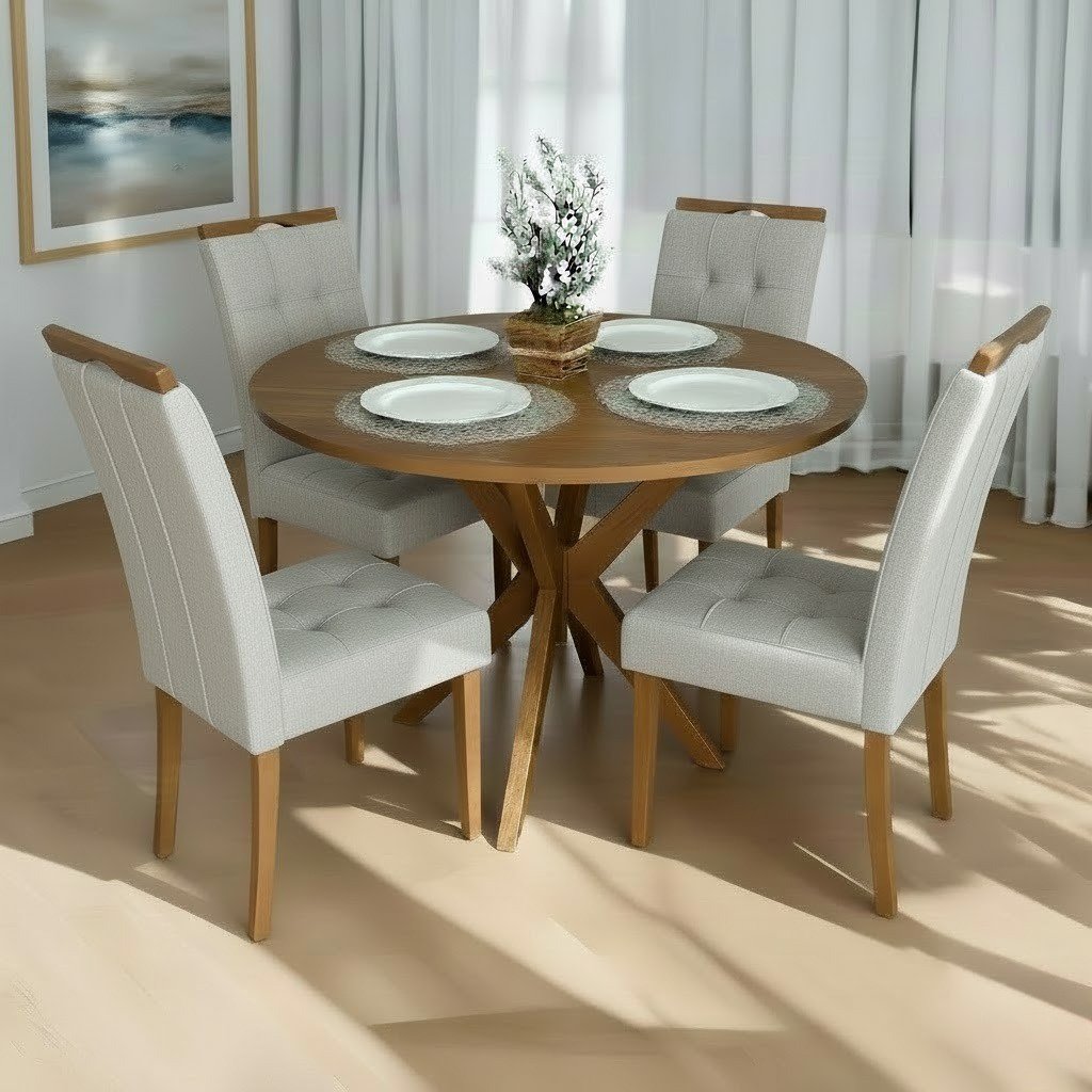 Mesa Redonda Simpatia 108 Cinamomo com 4 Cadeiras Sophia Linho Cinza Prata 206 – JCM MOVELARIA + WM DECOR