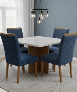 Mesa Salinas/Helô/Los Angeles 120 Cinamomo/Off White com 4 Cadeiras Safira Veludo Azul – CEL MÓVEIS + WM DECOR