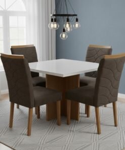 Mesa Salinas/Helô/Los Angeles 120 Cinamomo/Off White com 4 Cadeiras Safira Veludo Marrom – CEL MÓVEIS + WM DECOR