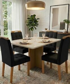 Mesa Los Angeles 120 Cinamomo/Off White com 4 Cadeiras Sophia/ Londres Veludo Preto – CEL MÓVEIS + WM DECOR