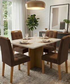 Mesa Salinas/Helô/Los Angeles 120 Cinamomo/Off White com 4 Cadeiras Sophia Veludo Marrom – CEL MÓVEIS + WM DECOR
