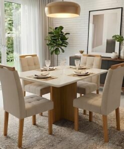 Mesa Salinas/Helô/Los Angeles 120 Cinamomo/Off White com 4 Cadeiras Sophia Veludo Bege – CEL MÓVEIS + WM DECOR