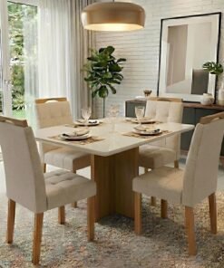 Mesa Salinas/Helô/Los Angeles 120 Cinamomo/Off White com 4 Cadeiras Sophia Linho Bege 200 – CEL MÓVEIS + WM DECOR