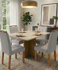 Mesa Salinas/Helô/Los Angeles 120 Cinamomo/Off White com 4 Cadeiras Sophia Linho Cinza Prata 206 – CEL MÓVEIS + WM DECOR