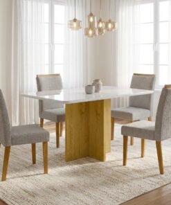 Mesa Salinas/Helô/Los Angeles 120 Cinamomo/Off White com 4 Cadeiras Samantha 05 Imbuia Mel/Veludo Cinza Prata 1013 – CEL MÓVEIS + CARVALHO DECOR