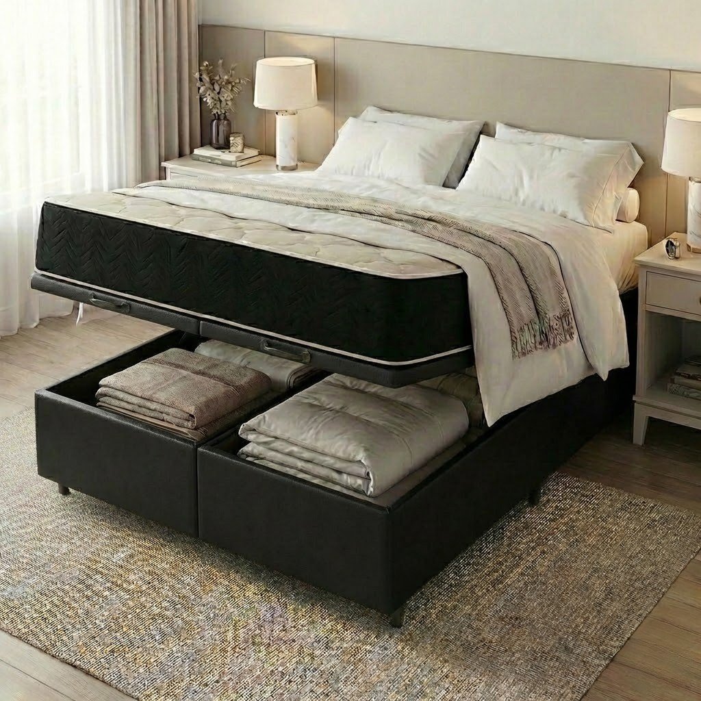 Colchão Queen Premium D45 + Base Box Baú Corino Preto – ECOTEC + ALTO NÍVEL CAMAS E COLCHÕES