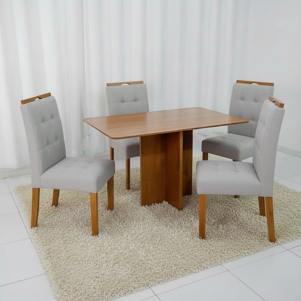 Mesa Salinas 120 (Tampo Londres s/ vidro) Cinamomo com 4 Cadeiras Sophia (Londres) Linho Prata 206 – CEL MÓVEIS + WM DECOR
