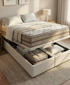 Colchão Queen Dom Helio VX D28 + Base Box Baú Corino Branco – ECOTEC + ALTO NÍVEL CAMAS E COLCHÕES