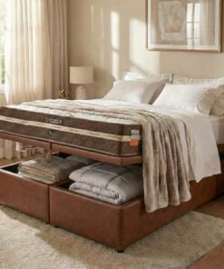 Colchão Queen Lisboa D28 + Base Box Baú Corino Marrom – ECOTEC + ALTO NÍVEL CAMAS E COLCHÕES