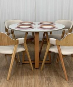 Mesa de Jantar Bali Circular 1.10x1.10m c/4 Cadeiras Pérola  - Cinamomo/Off White/Cinza Linho
