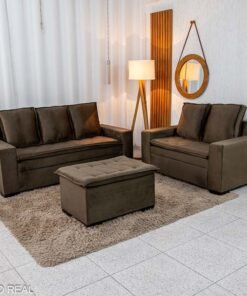 Sofá 3 e 2 lugares França com Puff Veludo Marrom A17 Larg. 1.86m