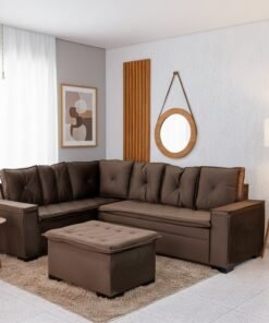 Sofá Canto 5 lugares com Puff Alemanha Veludo Marrom A17